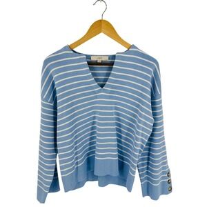 LOFT Light Blue White Striped V-Neck Sweater Size S Nautical Coastal Preppy